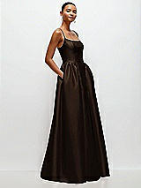 Side View Thumbnail - Espresso Scoop Neck Drop Basque Skirt Satin Maxi Dress with Pockets