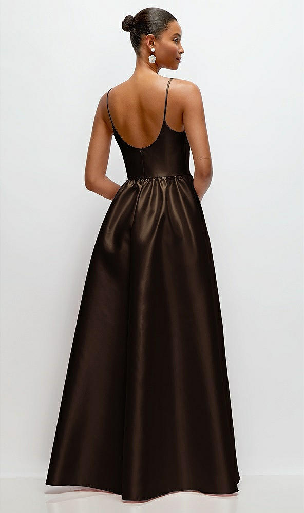 Back View - Espresso Scoop Neck Drop Basque Skirt Satin Maxi Dress with Pockets