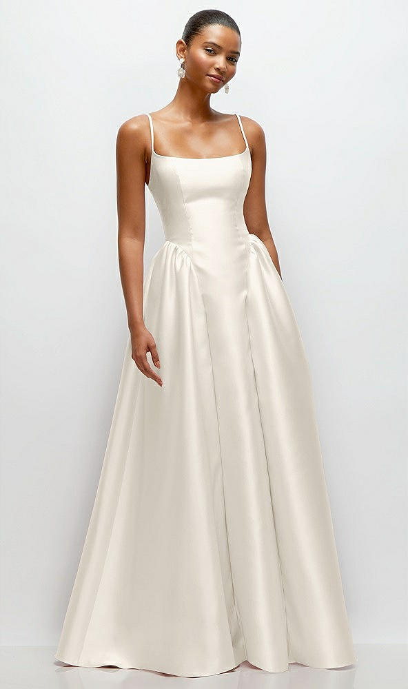 Front View - Ivory Scoop Neck Drop Basque Skirt Satin Maxi Dress with Pockets