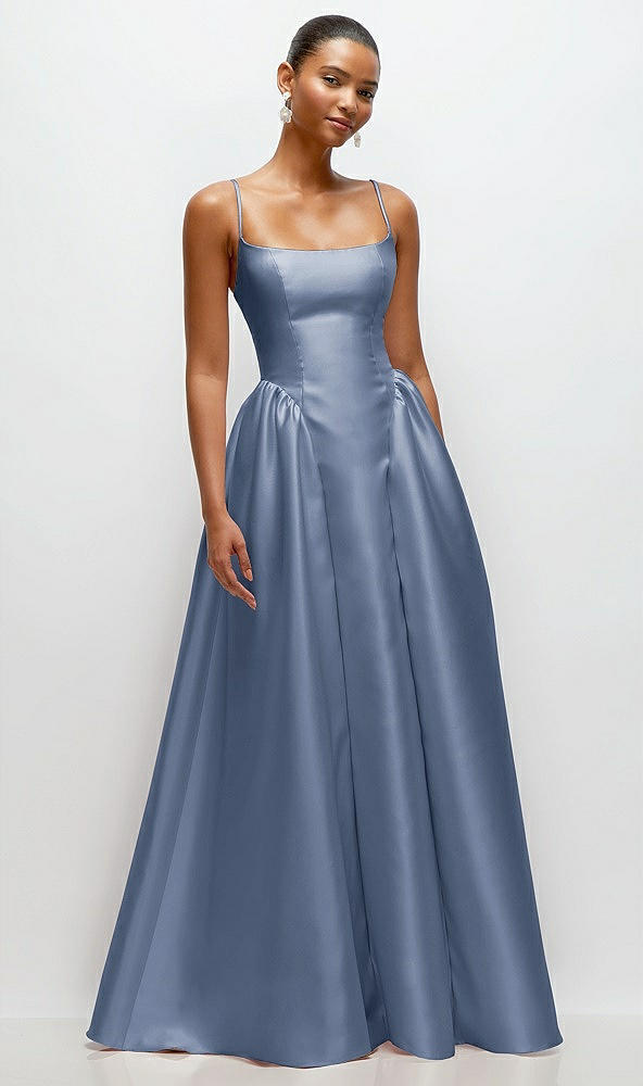 Front View - Larkspur Blue Scoop Neck Drop Basque Skirt Satin Maxi Dress with Pockets