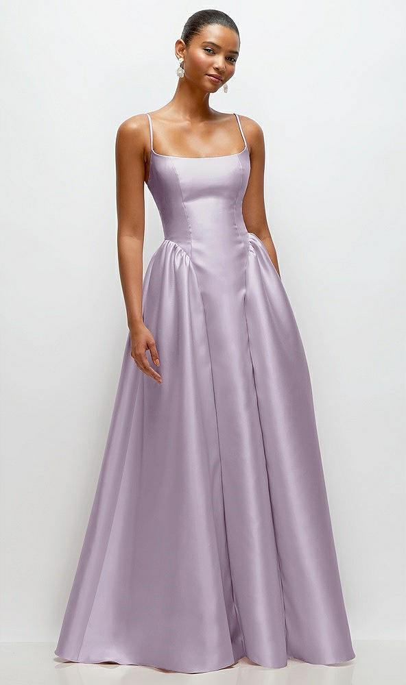 Front View - Lilac Haze Scoop Neck Drop Basque Skirt Satin Maxi Dress with Pockets