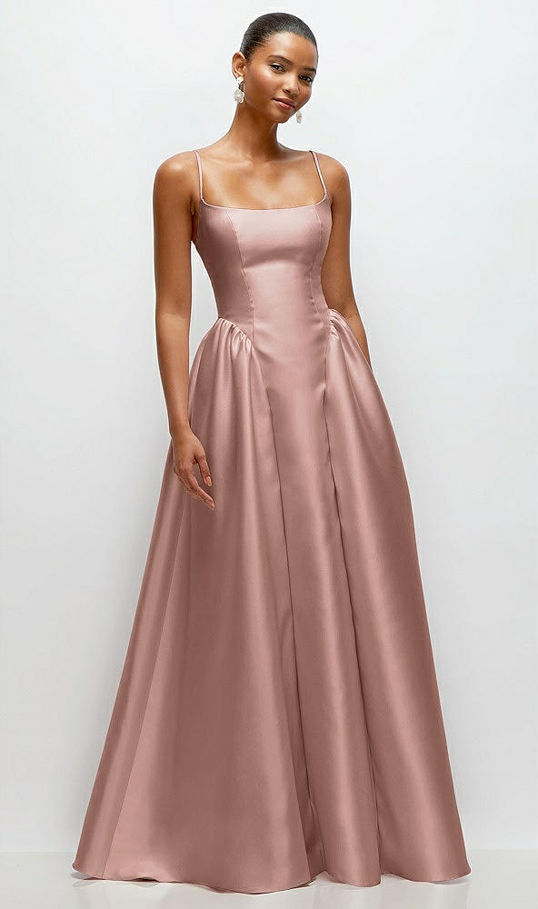 Front View - Neu Nude Scoop Neck Drop Basque Skirt Satin Maxi Dress with Pockets