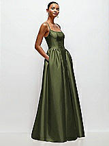 Side View Thumbnail - Olive Green Scoop Neck Drop Basque Skirt Satin Maxi Dress with Pockets