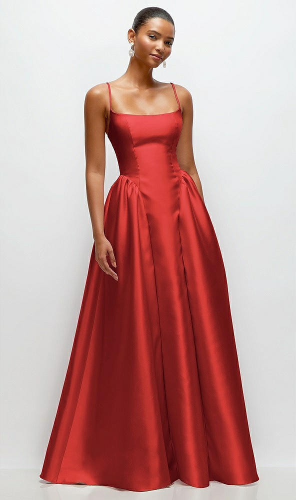 Front View - Poppy Red Scoop Neck Drop Basque Skirt Satin Maxi Dress with Pockets