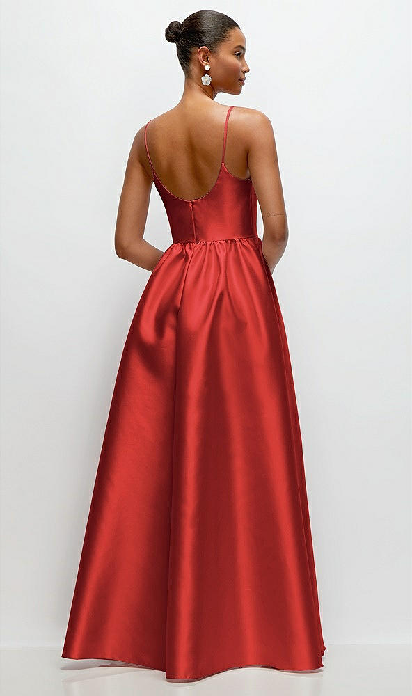 Back View - Poppy Red Scoop Neck Drop Basque Skirt Satin Maxi Dress with Pockets