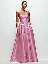 Front View Thumbnail - Powder Pink Scoop Neck Drop Basque Skirt Satin Maxi Dress with Pockets