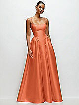 Front View Thumbnail - Portofino Orange Scoop Neck Drop Basque Skirt Satin Maxi Dress with Pockets
