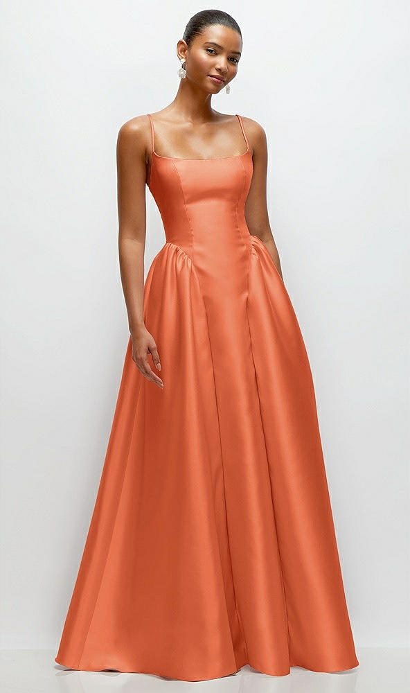 Front View - Portofino Orange Scoop Neck Drop Basque Skirt Satin Maxi Dress with Pockets