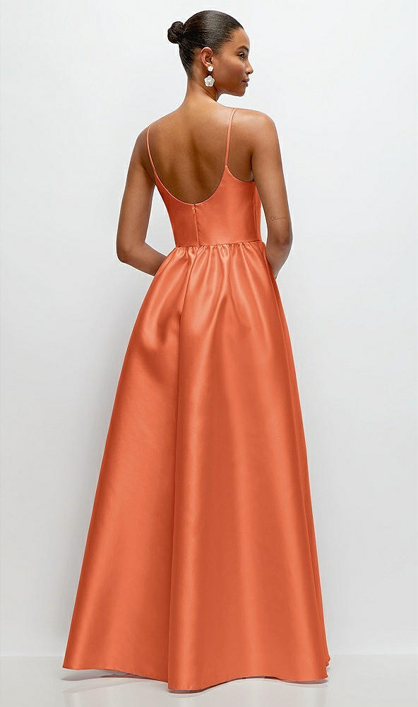 Back View - Portofino Orange Scoop Neck Drop Basque Skirt Satin Maxi Dress with Pockets