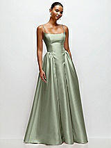 Front View Thumbnail - Sage Scoop Neck Drop Basque Skirt Satin Maxi Dress with Pockets