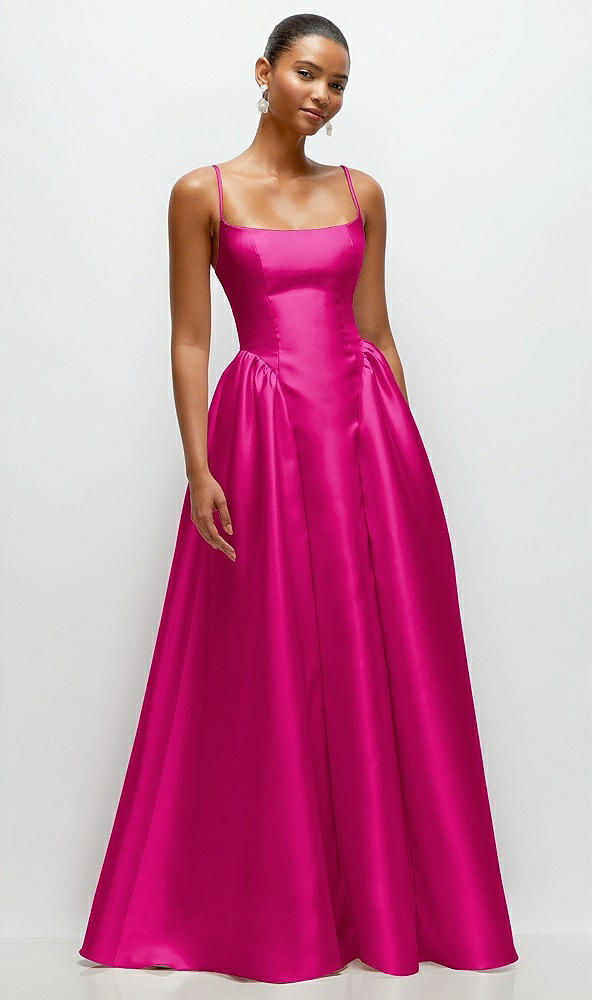 Front View - Think Pink Scoop Neck Drop Basque Skirt Satin Maxi Dress with Pockets