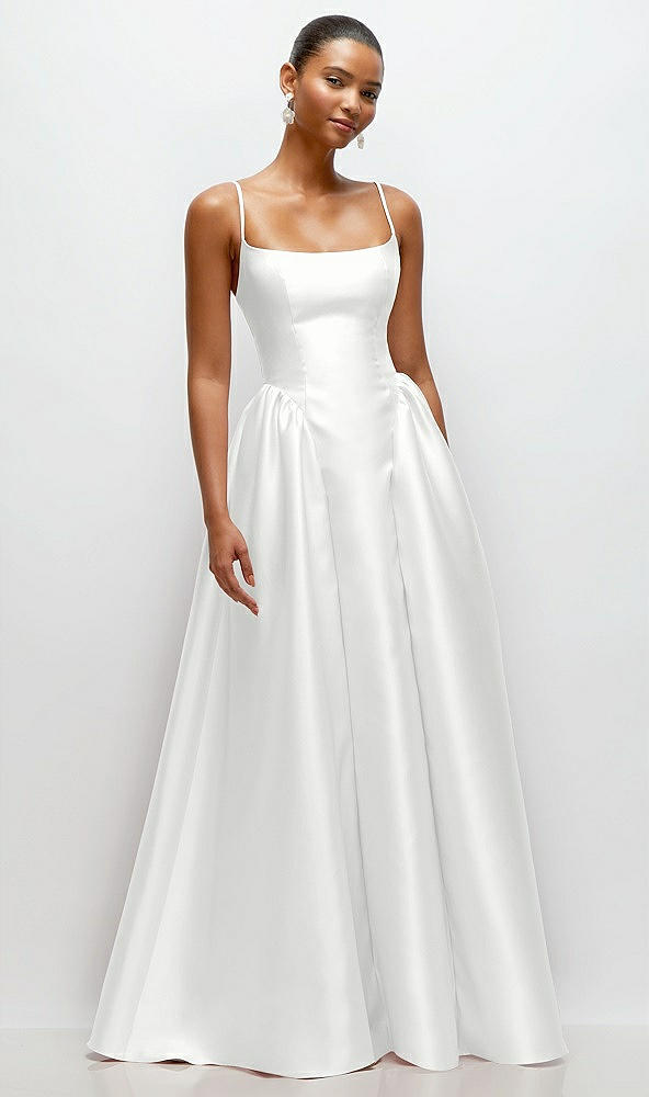 Front View - White Scoop Neck Drop Basque Skirt Satin Maxi Dress with Pockets