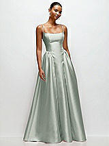 Front View Thumbnail - Willow Green Scoop Neck Drop Basque Skirt Satin Maxi Dress with Pockets