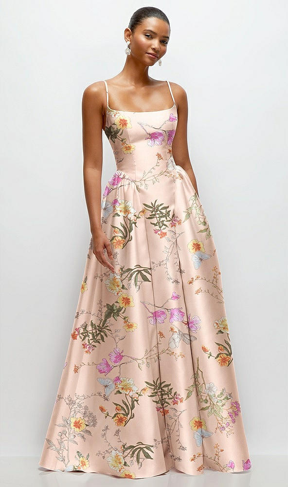 Front View - Butterfly Botanica Pink Sand Scoop Neck Drop Basque Skirt Floral Satin Maxi Dress with Pockets