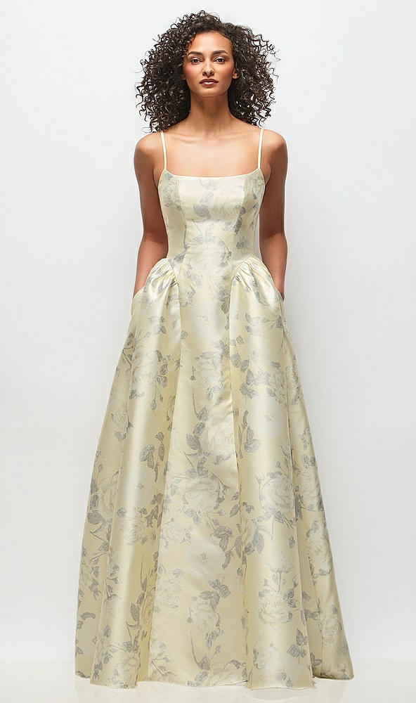 Front View - Butter Yellow Floral Scoop Neck Drop Basque Skirt Floral Satin Maxi Dress with Pockets