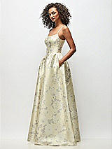 Side View Thumbnail - Butter Yellow Floral Scoop Neck Drop Basque Skirt Floral Satin Maxi Dress with Pockets