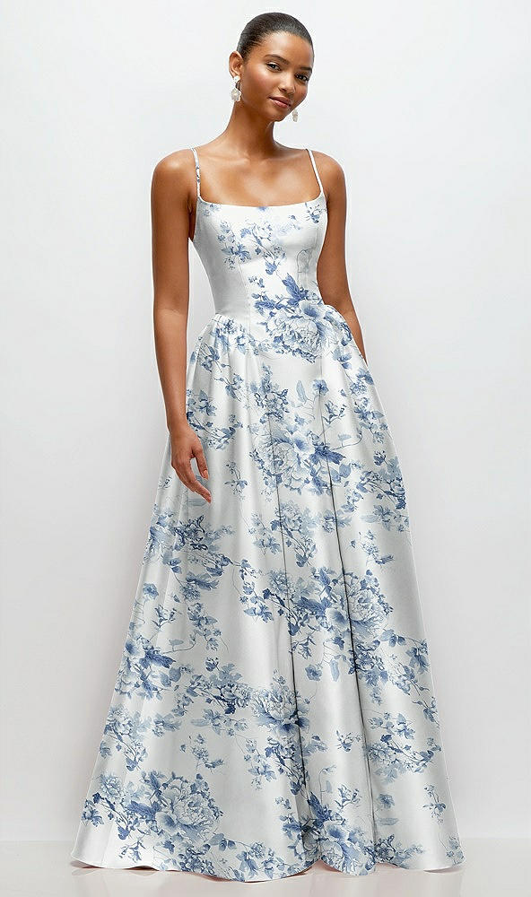 Front View - Cottage Rose Larkspur Scoop Neck Drop Basque Skirt Floral Satin Maxi Dress with Pockets