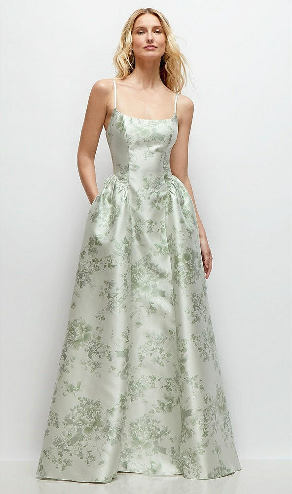 Front View - Sage Cottage Rose Scoop Neck Drop Basque Skirt Floral Satin Maxi Dress with Pockets