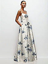 Side View Thumbnail - Inkwash Blue Floral Scoop Neck Drop Basque Skirt Floral Satin Maxi Dress with Pockets