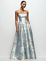Front View Thumbnail - Porcelain Blue Seraphina Floral Scoop Neck Drop Basque Skirt Floral Satin Maxi Dress with Pockets