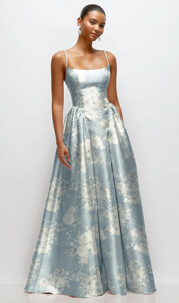 Front View - Porcelain Blue Seraphina Floral Scoop Neck Drop Basque Skirt Floral Satin Maxi Dress with Pockets