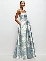 Side View Thumbnail - Porcelain Blue Seraphina Floral Scoop Neck Drop Basque Skirt Floral Satin Maxi Dress with Pockets