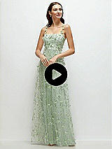 Video 1 Thumbnail - Ivory Shirred 3D Sequin Embroidery Floral Maxi Dress with Petal-Adorned Straps