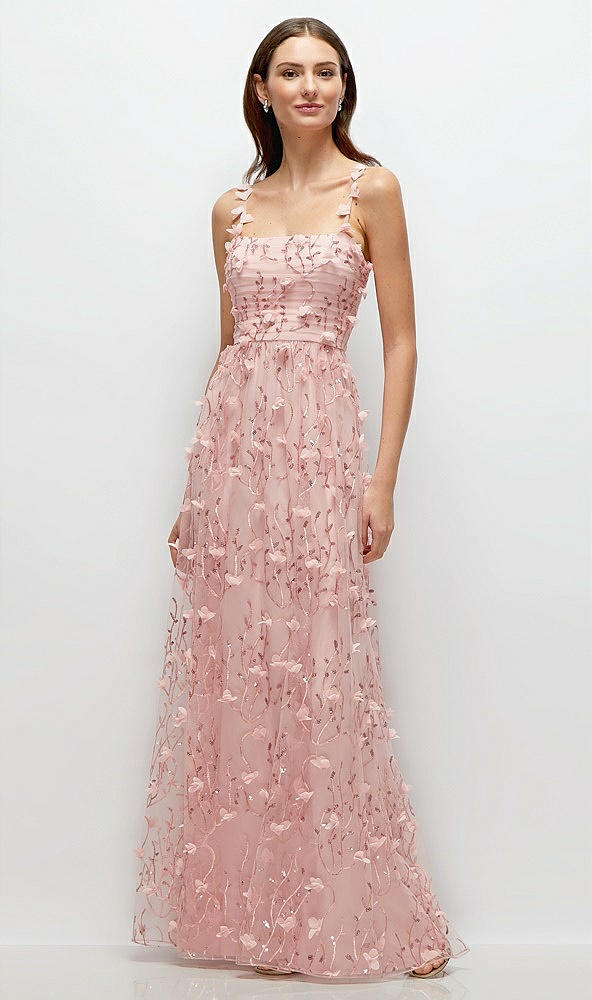 Front View - Rose Shirred 3D Sequin Embroidery Floral Maxi Dress with Petal-Adorned Straps