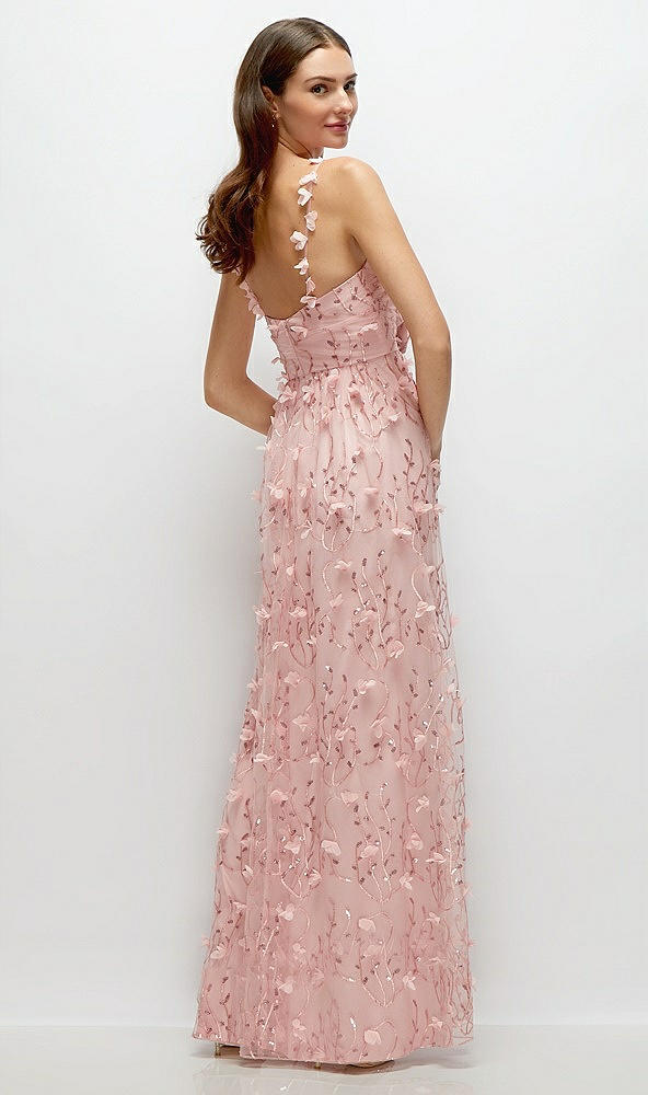 Back View - Rose Shirred 3D Sequin Embroidery Floral Maxi Dress with Petal-Adorned Straps