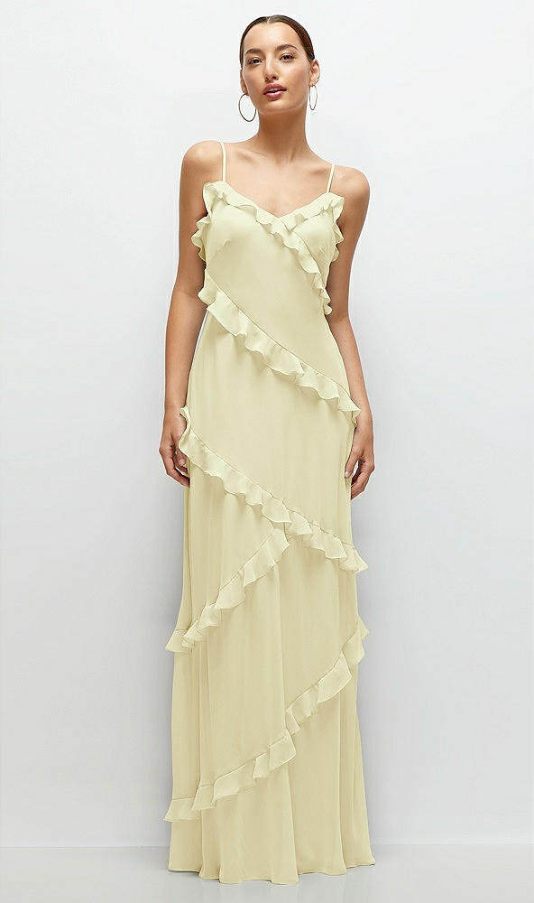 Front View - Butter Yellow Asymmetrical Ruffle Chiffon Bias Slip Maxi Dress