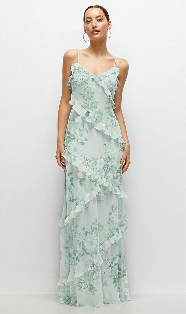 Front View - Mint Green Floral Asymmetrical Ruffle Chiffon Bias Slip Maxi Dress