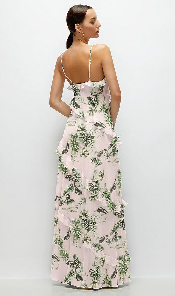 Back View - Palm Beach Print Asymmetrical Ruffle Chiffon Bias Slip Maxi Dress