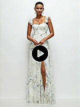 Video 1 Thumbnail - Mint Green Floral Ruffle Strap Chiffon Bustier Maxi Dress with Ruffle Hem A-Line Skirt