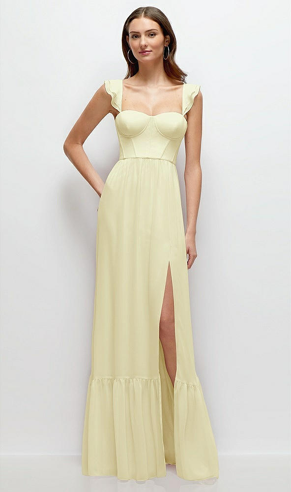 Front View - Butter Yellow Ruffle Strap Chiffon Bustier Maxi Dress with Ruffle Hem A-Line Skirt