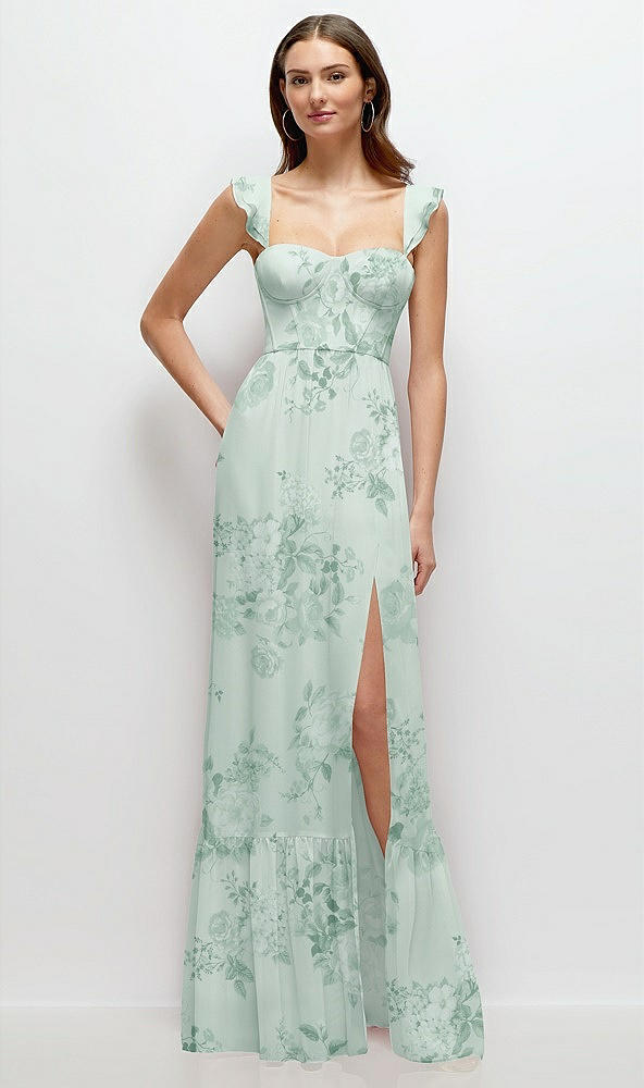 Front View - Mint Green Floral Ruffle Strap Chiffon Bustier Maxi Dress with Ruffle Hem A-Line Skirt