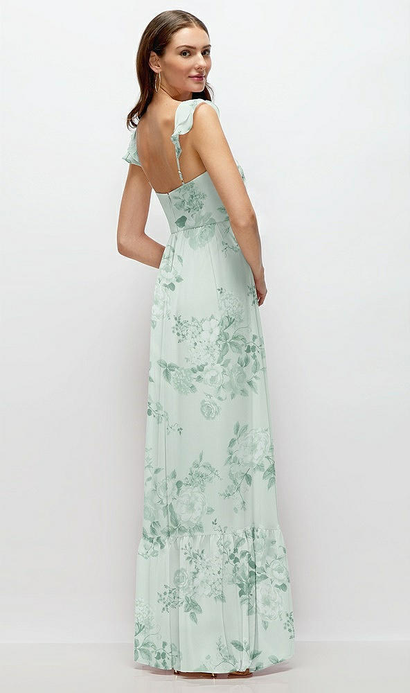 Back View - Mint Green Floral Ruffle Strap Chiffon Bustier Maxi Dress with Ruffle Hem A-Line Skirt