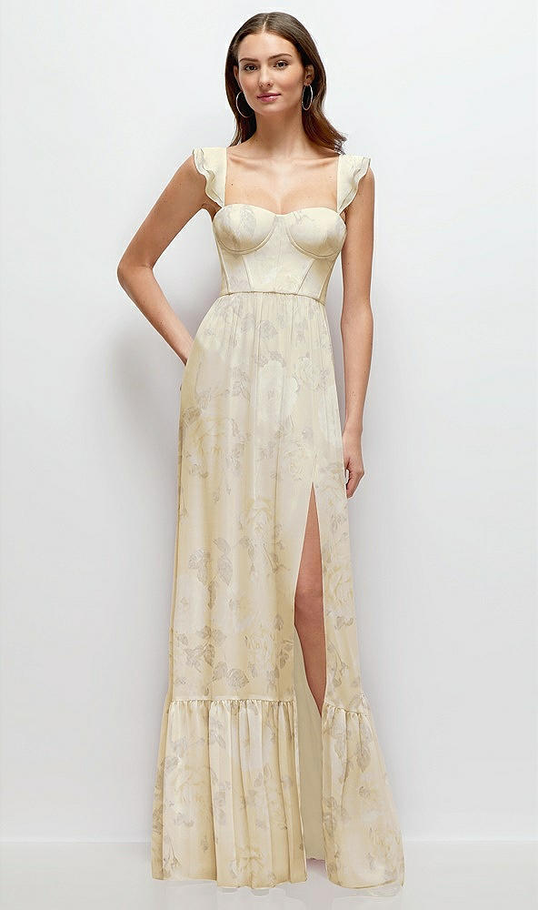 Front View - Butter Yellow Floral Ruffle Strap Chiffon Bustier Maxi Dress with Ruffle Hem A-Line Skirt