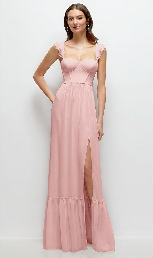 Front View - Rose Ruffle Strap Chiffon Bustier Maxi Dress with Ruffle Hem A-Line Skirt