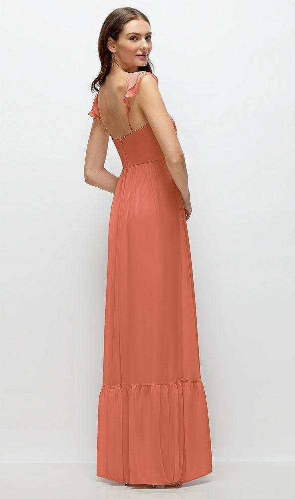 Back View - Terracotta Copper Ruffle Strap Chiffon Bustier Maxi Dress with Ruffle Hem A-Line Skirt