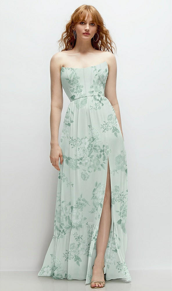Front View - Mint Green Floral Strapless Cat-Eye Corset Maxi Dress with Ruffle Hem A-Line Skirt