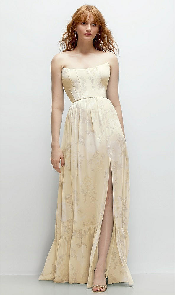 Front View - Butter Yellow Floral Strapless Cat-Eye Corset Maxi Dress with Ruffle Hem A-Line Skirt