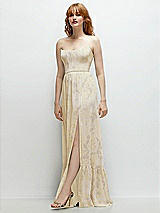 Side View Thumbnail - Butter Yellow Floral Strapless Cat-Eye Corset Maxi Dress with Ruffle Hem A-Line Skirt