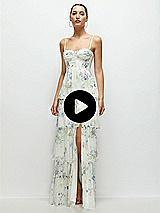 Video 1 Thumbnail - Mint Green Floral Bustier-Style Chiffon Tiered Ruffle Maxi Dress with Adjustable Straps