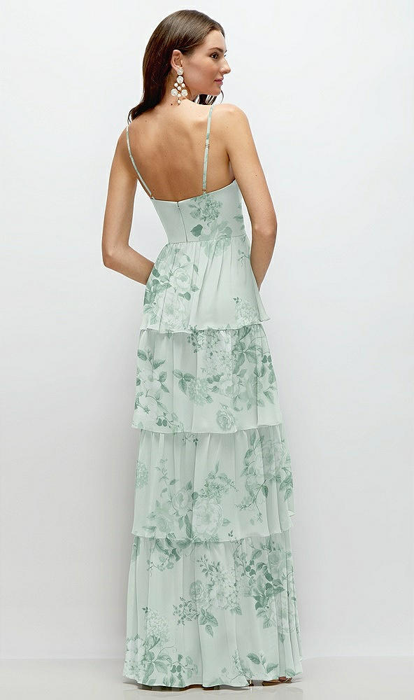 Back View - Mint Green Floral Bustier-Style Chiffon Tiered Ruffle Maxi Dress with Adjustable Straps