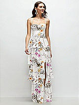 Front View Thumbnail - Butterfly Botanica Ivory Bustier-Style Chiffon Tiered Ruffle Maxi Dress with Adjustable Straps