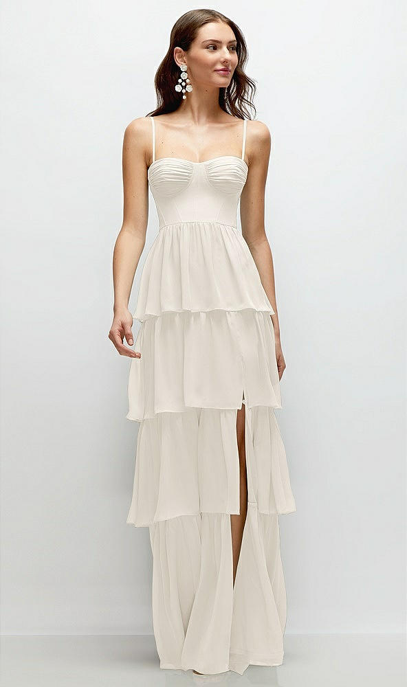 Front View - Ivory Bustier-Style Chiffon Tiered Ruffle Maxi Dress with Adjustable Straps