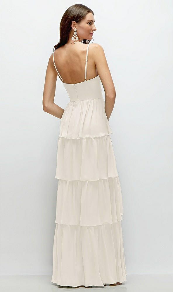 Back View - Ivory Bustier-Style Chiffon Tiered Ruffle Maxi Dress with Adjustable Straps