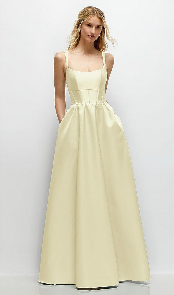 Front View - Butter Yellow Scoop Neck Inset Corset Satin Maxi Dress with Pockets