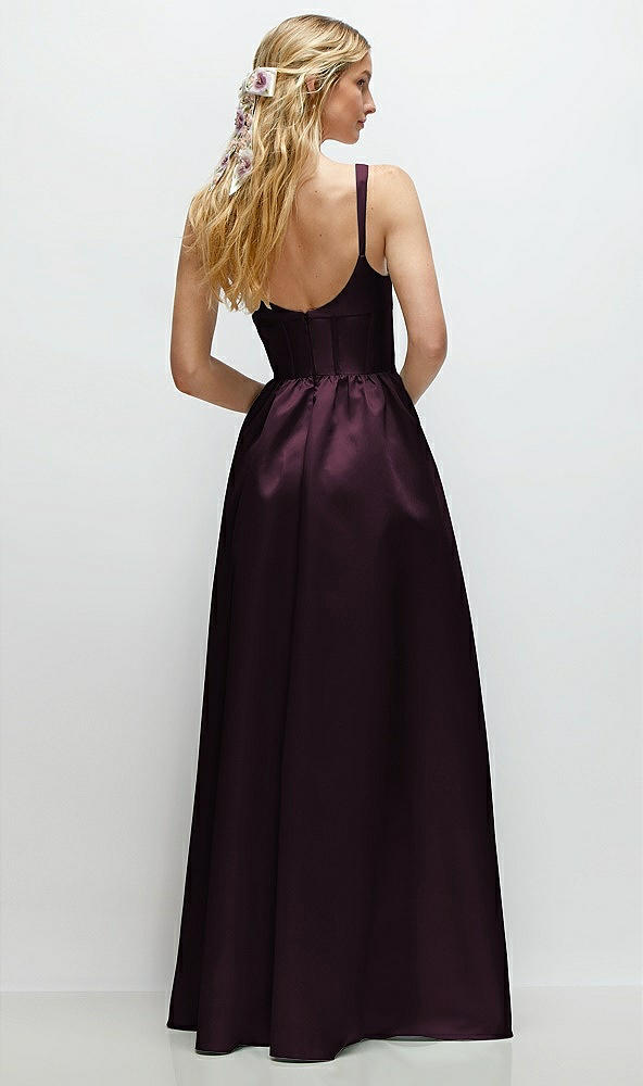 Back View - Deep Plum Scoop Neck Inset Corset Satin Maxi Dress with Pockets