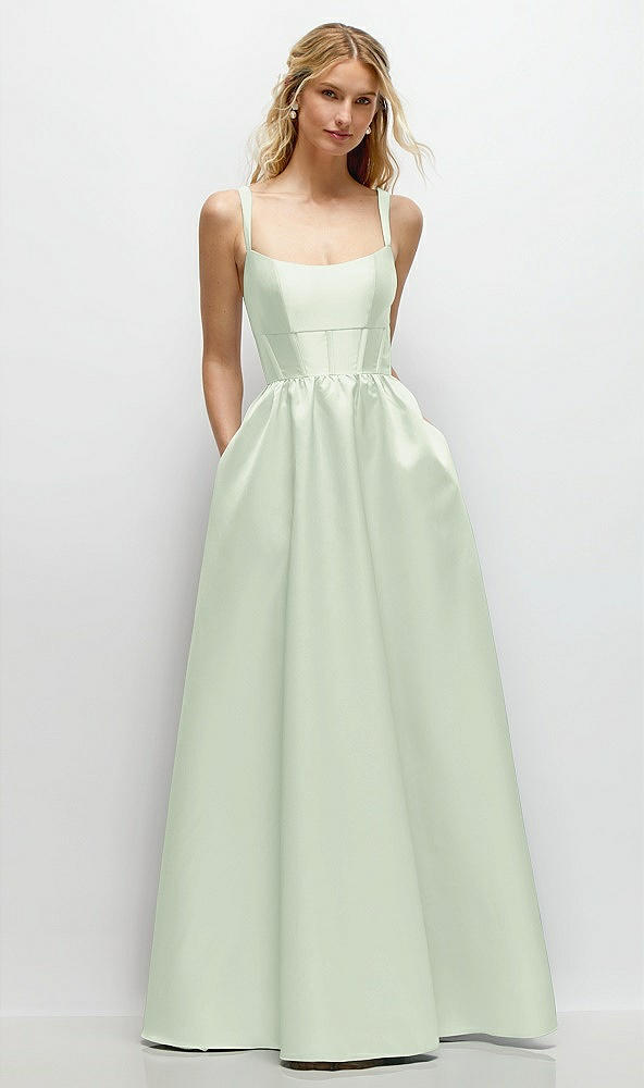 Front View - Mint Green Scoop Neck Inset Corset Satin Maxi Dress with Pockets